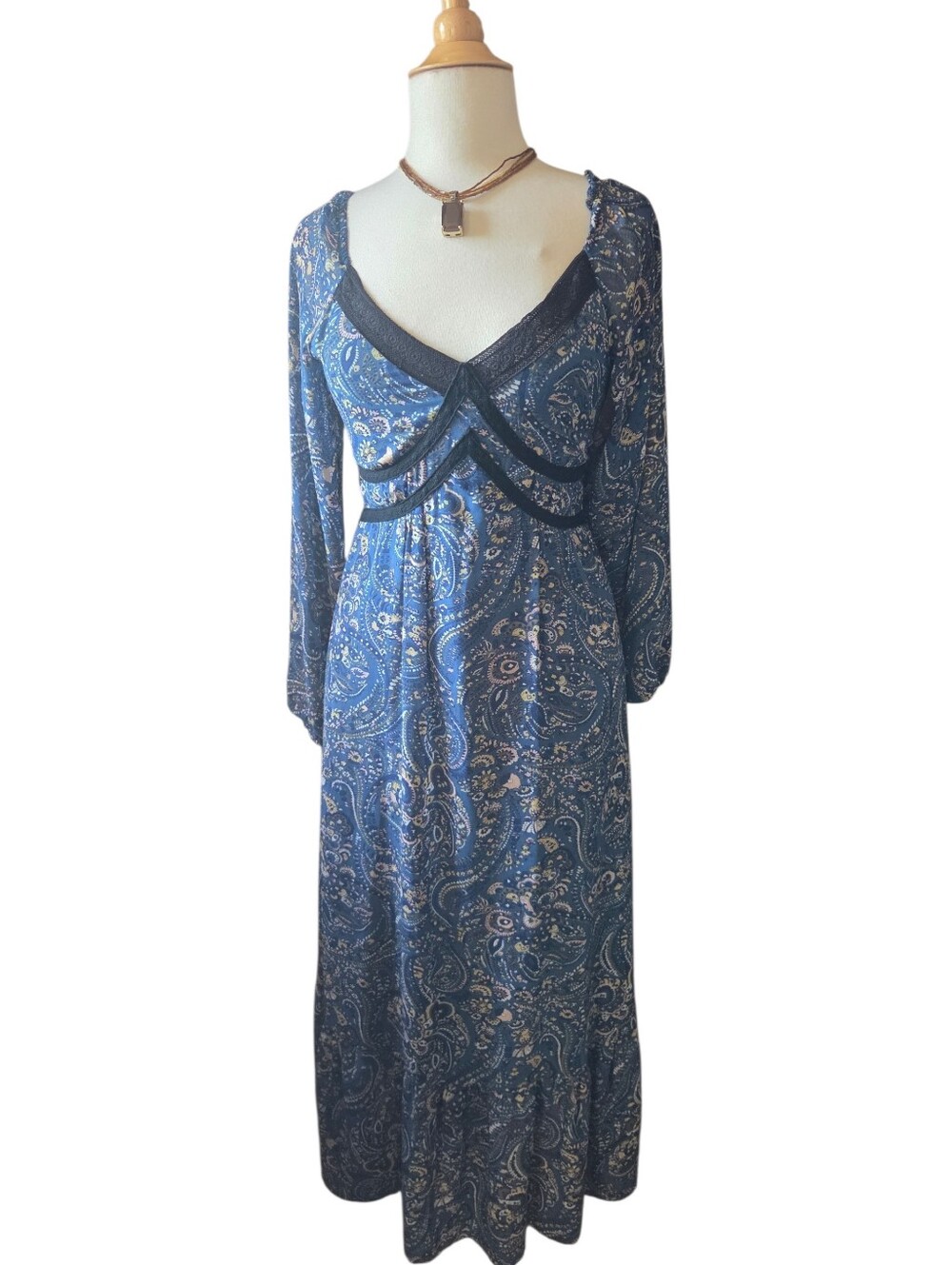 RusttyDustty Bohemian Blue Paisley V-Neck Maxi Dress